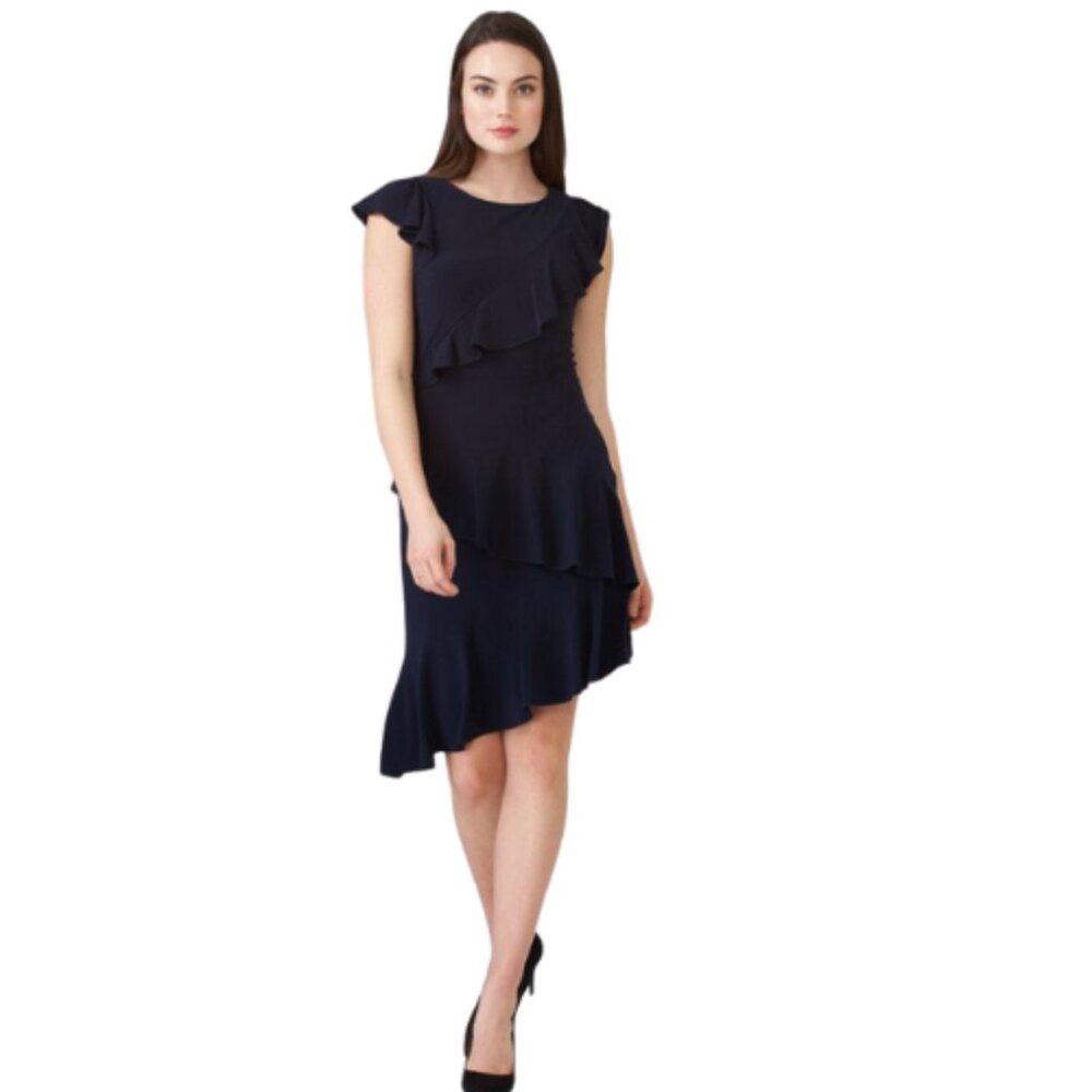 Joseph Ribkoff Asymmetrical Tiered Ruffle Dress Navy Blue Cap Sleeves Size 4